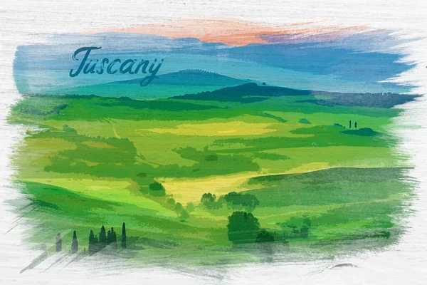 Watercolor painting of green fields in Tuscany at sunrise, Italy