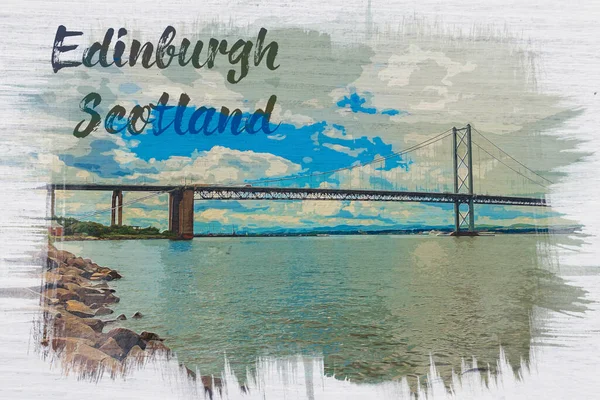 Watercolor Painting Forth Road Bridge Queensferry Scotland Edinburgh — Stock Photo, Image