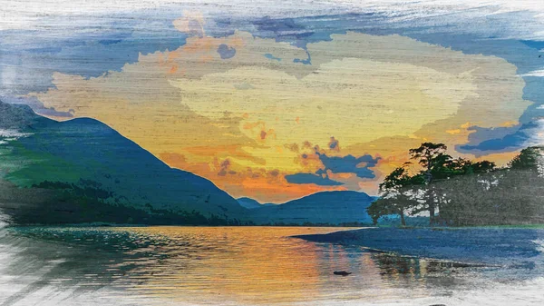 Wspaniały Kolorowy Zmierzch Nad Jeziorem District Lake Wielka Brytania Malarstwo — Zdjęcie stockowe