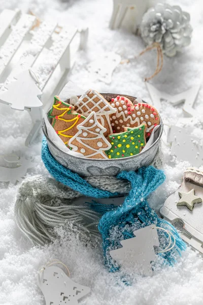 Closeup Cookies Christmas Surrounded Christmas Decorations Snowy Table — Stock Photo, Image