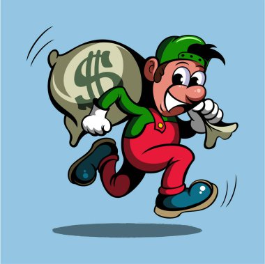 Beyzbol şapkası karikatür tarzı adam, para çantası ile çalışan, vektör görüntü.