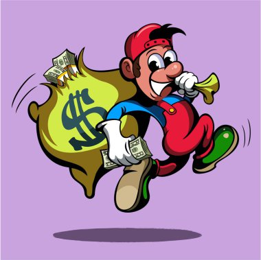 Beyzbol şapkası karikatür tarzı adam, para çantası ile çalışan, vektör görüntü.