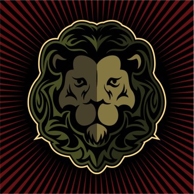 Arka planda kırmızı parlaklık ile vektör aslan yüzü, vektör aslan logosu.