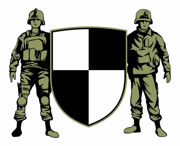 シールドバナーを持つ2人の兵士 ベクトル画像 白い背景に隔離 — ストックベクタ
