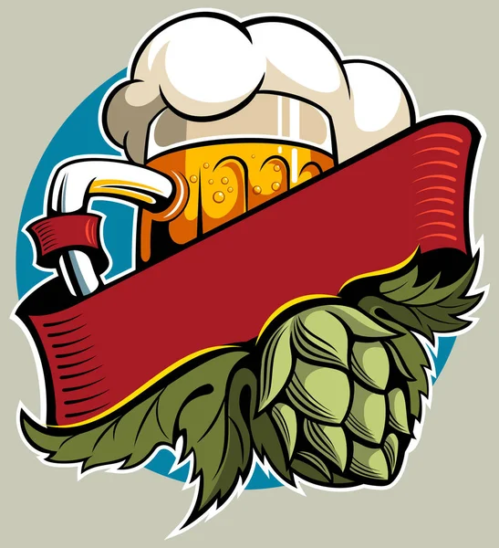醸造所のロゴ 漫画のホップとリボン付きビールグラス — ストックベクタ