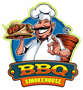 Bir karikatür, bir kebap ve ızgara et tutan ve mükemmel bir jest yapıyor bıyıklı aşçı Şef karakter gülümsedi, vektör karikatür karakter.