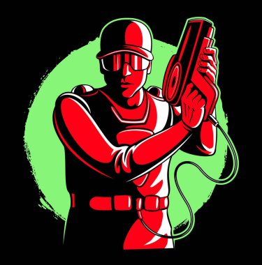 LaserTag oyuncu, mühimmat ve lazer etiket tabancası ile adam, vektör görüntü.
