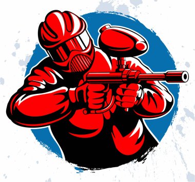 Cephane bir paintball tabancası ile paintball oyuncusu, vektör görüntü.