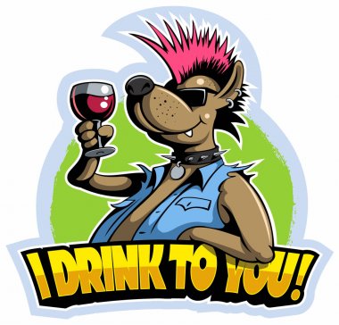 Karikatür, kırmızı şarap camı ile punk rock tarzı köpek, vektör görüntü.