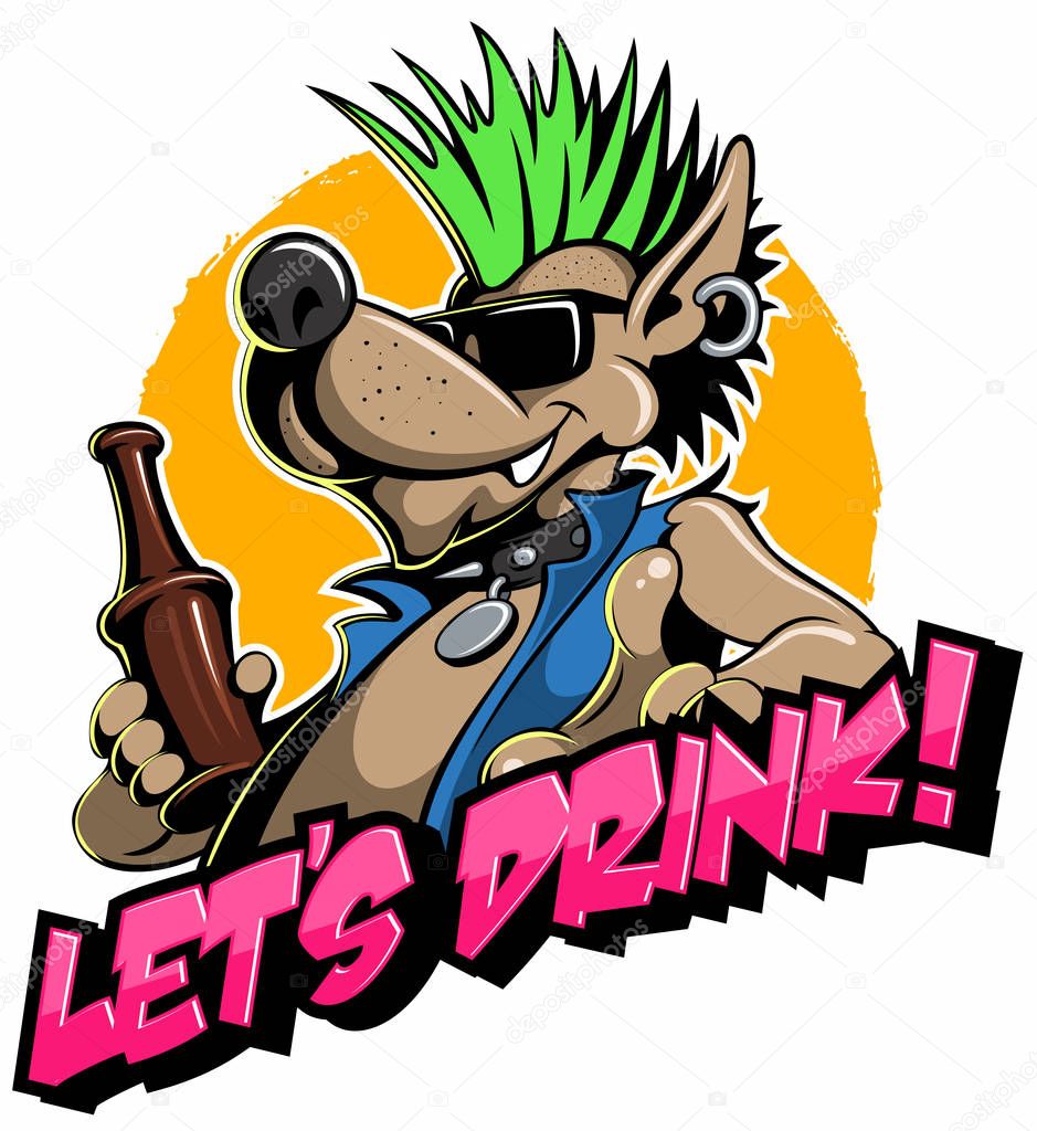 Cartoon, punk rock style dog with the beer bottle, vector image.