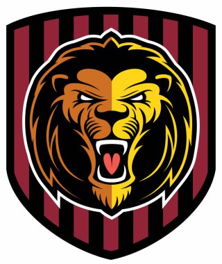 Aslan yüzü, kalkan ile öfkeli aslan kafası, logo tasarım elemanı.