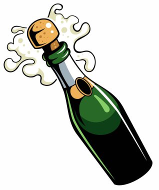 Mantar ve köpükle bir şişe şampanya. Beyaz arka planda yalıtılmış.