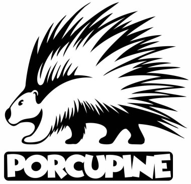 Karikatür tarzı Porcupine, siyah ve beyaz hayvan vektör logosu.