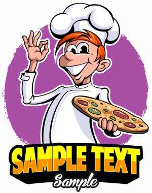 Şef aşçı pizza, vektör logosu, bir aşçı bir şef adam vektör karikatür karakteri tadı sunuyor.