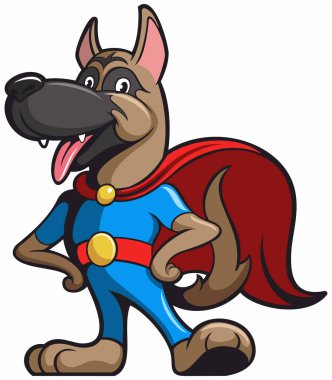 Süper kahraman, mavi giyim ve kırmızı pelerin ile köpek karikatür karakteri olarak karikatür tarzı köpek.