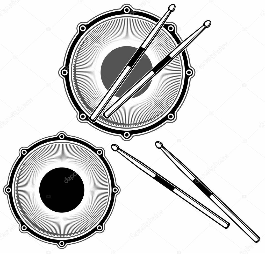 Isolated drum and drum sticks, vector logo design elements.