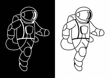 Uzay adamı açık uzayda uçuyor, uzay kıyafeti giymiş astronot ağırlıksız olarak uçuyor. Siyah beyaz arka planda vektör çizimi.