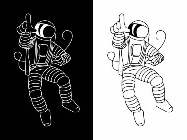 Uzay adamı açık uzayda uçuyor, uzay kıyafeti giymiş astronot ağırlıksız olarak uçuyor. Siyah beyaz arka planda vektör çizimi.