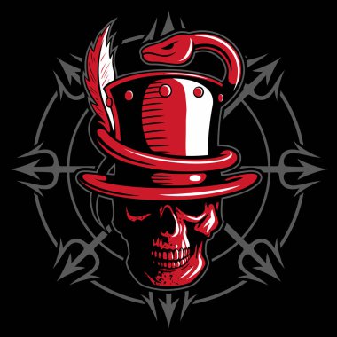 Arka planda silindir şapkalı kafatası, yılan ve mızraklar, vektör logosu.