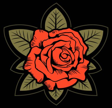 Vektör kırmızı siyah arka plan üzerinde yaprakları ile gül.