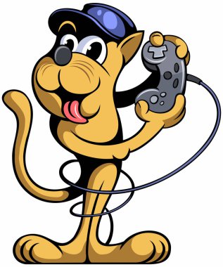 Mavi beyzbol şapkası ile karikatür tarzı kedi karakteri, joystick tutun video oyunu, komik çizgi film karakteri çalış.