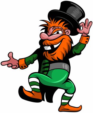 St Patrick Day komik çizgi film karakteri. Silindir şapka ve yeşil giysiler ile Dans leprechaun, beyaz arka plan üzerinde izole. Vektör çizgi film karakteri.