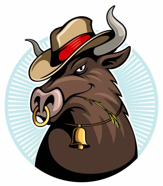 Toro Stile Cartone Animato Con Campanaccio Cappello Cowboy Logo Vettoriale — Vettoriale Stock