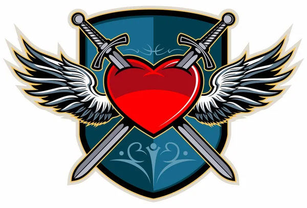 ヴィンテージスタイルのベクトルロゴに翼と盾で心を突き刺す2本の交差した剣 — ストックベクタ