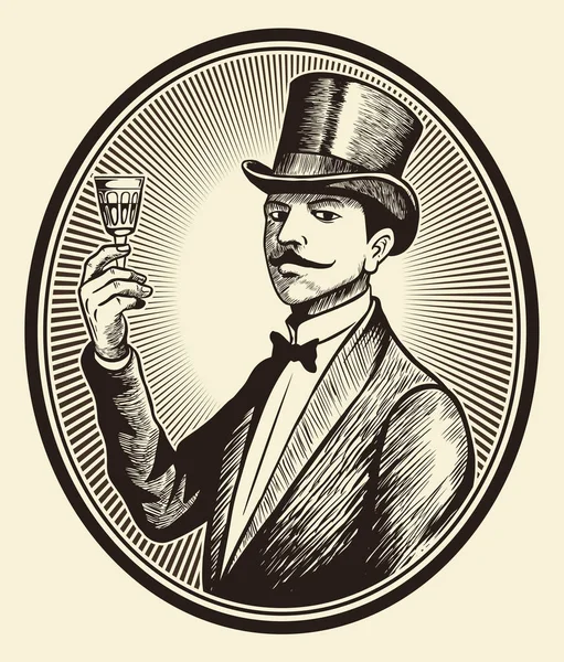 Retrato Cavalheiro Antiquado Elegante Usando Chapéu Cilindro Com Copo Vinho —  Vetores de Stock