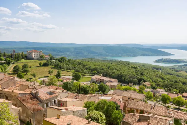 Panorama Över Aiguines Och Slottet Ovanför Sjön Sainte Croix Provence — Stockfoto