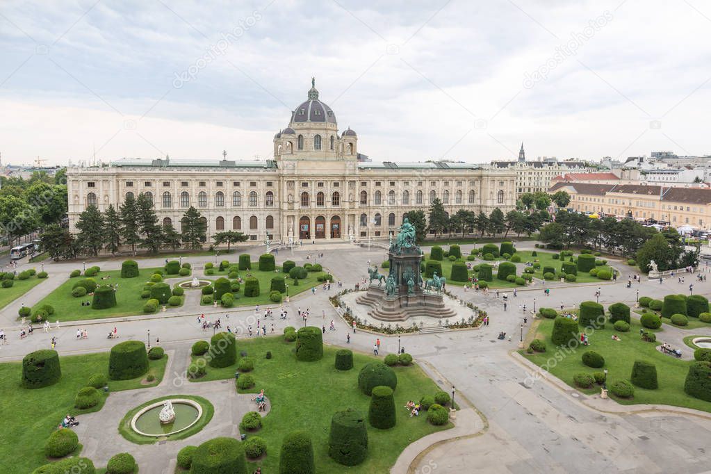 Panorama of Maria Theresien square and the museum for art history seen from the museum for nature history and above in Vienna, Austria