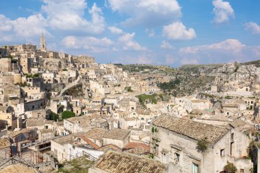 Panorama ve cityscape antik şehrin Matera alanında Basilicata, İtalya