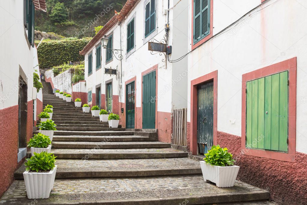 Narrow street in Sao Vicente on Madeira, Portugal