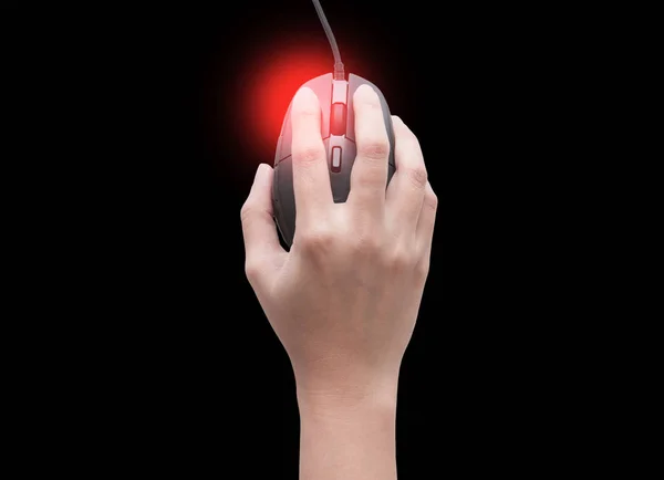 女性の平面図の手彼女の指に赤い斑点を黒の背景上に孤立コンピューターのマウスをクリックします 指の痛み 関節障害 — ストック写真