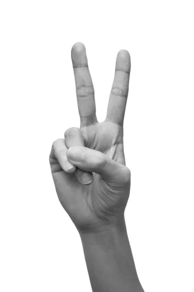Ręka Kobiety Pokazuje Gest Zwycięstwa Koncepcja Podpisu Izolowane Białym Tle — Zdjęcie stockowe