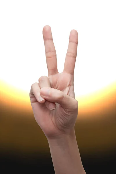Woman Hand Showing Victory Gesture Hand Sign Concept Isolated Gradient — Stock Photo, Image