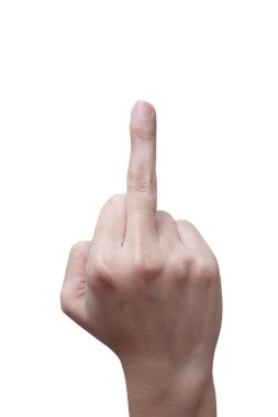 Woman's hand show middle finger on white background. Fuck You, symbol. offensive gesture