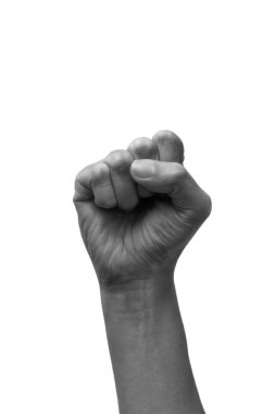 Kadın yumruklarını sıkmış, protesto için kaldırılmış, beyaz arka planda izole edilmiş. Siyah ve beyaz ton. Proleter protesto sembolü.