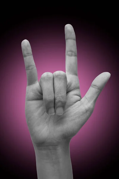 Female Hand Doing Sign Language Love You Isolated Gradient Background — Stock Photo, Image