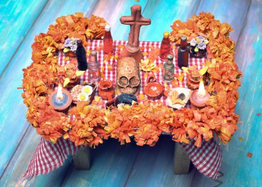 Kafatası, pan de muerto, içecekler ve cempasuchil çiçekler ile ölü sunak Meksika gün
