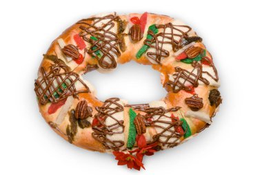 Epiphany kek, Kings kek, Roscon de reyes veya doldurulmuş ve çikolata ve ceviz ile dekore edilmiş Rosca de reyes