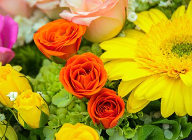 Güzel yaratıcı buket çiçek. Doğa arka plan.