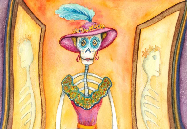 Giorno Della Morte Catrina Skeleton Messicano Elegante Illustrazione Della Morte Foto Stock Royalty Free