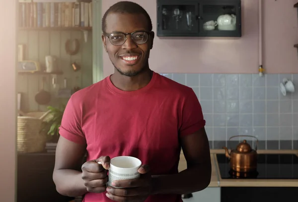 Close Shot Young Handsome Smiling African American Man Holding Cofee — Stock Photo, Image
