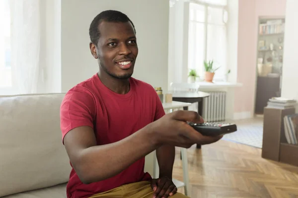 Horizontal Photo African American Man Sitting Sofa Home Watching Television — Stock Photo, Image