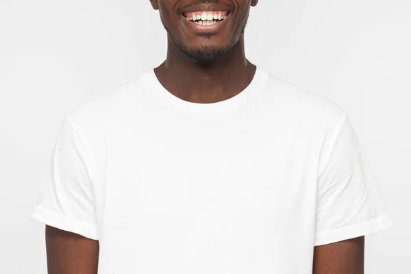 Close Portrait Smiling Handsome African American Man Blank White Shirt — Stock Photo, Image