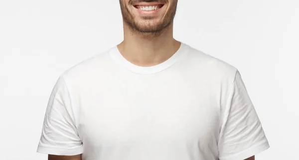 Close Portrait Smiling Handsome Man White Tshirt Looking Camera Isolated — Stock Photo, Image