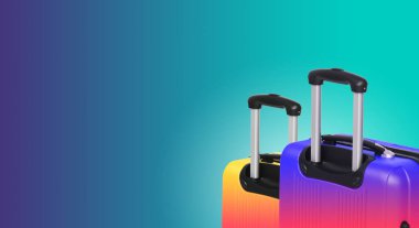 İki valiz ve boşaltmak ile renkli yatay banner. Seyahat kavramı.