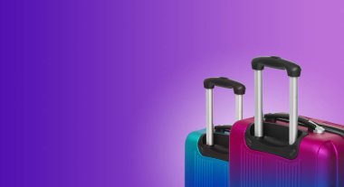 İki valiz ve boşaltmak ile renkli yatay banner. Seyahat kavramı.