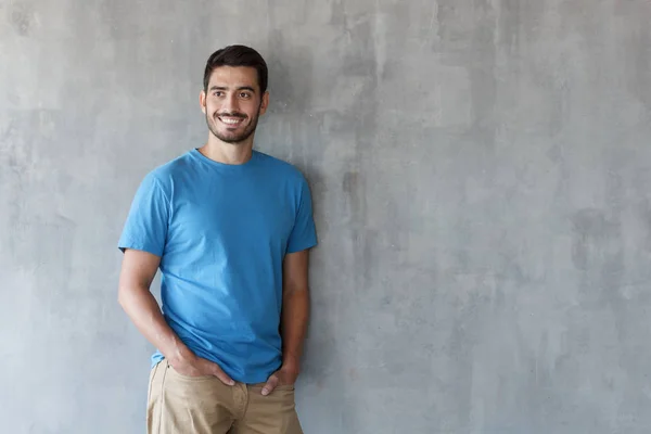 Horizontal Shot Young Handsome European Caucasian Male Isolated Grey Background — Stock Photo, Image